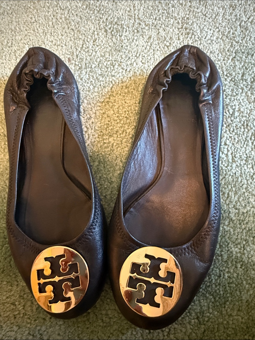 Tory Burch Brown Leather Logo Medallion Ballet Flats